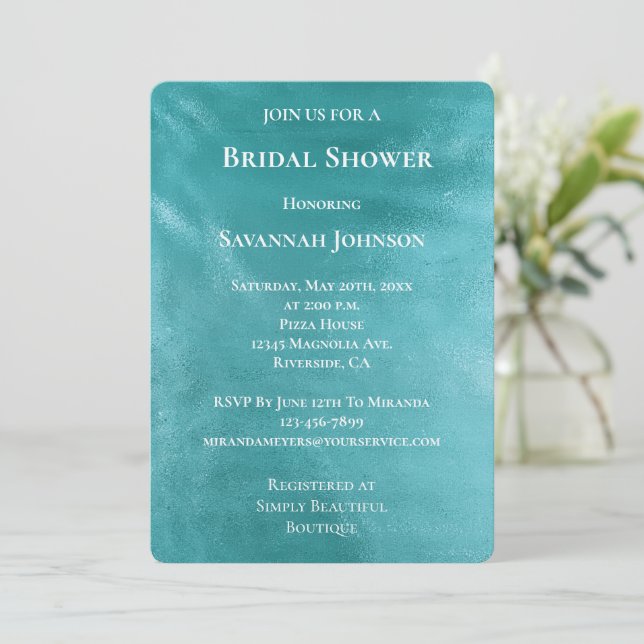 Chic Glam Turquoise Aqua Blue Bridal Shower Invitation (Standing Front)