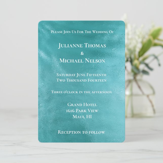 Chic Glam Turquoise Aqua Blue Wedding Invitation (Standing Front)