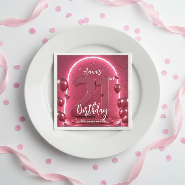Chic Glam Vibrant Pink Neon Glow 21st Birthday Napkin (Creator Uploaded)