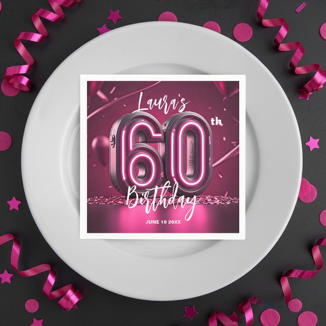 Chic Glam Vibrant Pink Neon Glow 60th Birthday Napkin (Creator Uploaded)