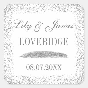 Chic Glam White & Grey Silver Glitter Wedding Square Sticker