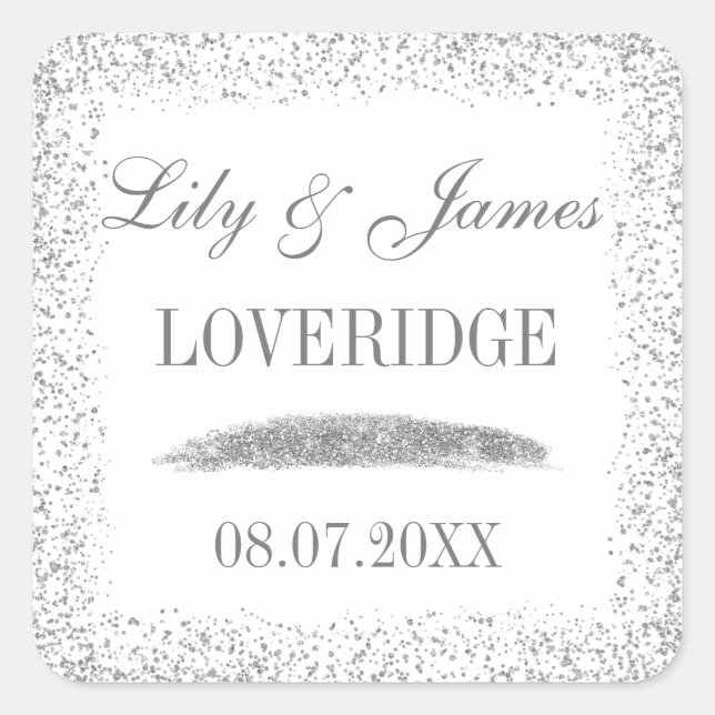 Chic Glam White & Grey Silver Glitter Wedding Square Sticker (Front)