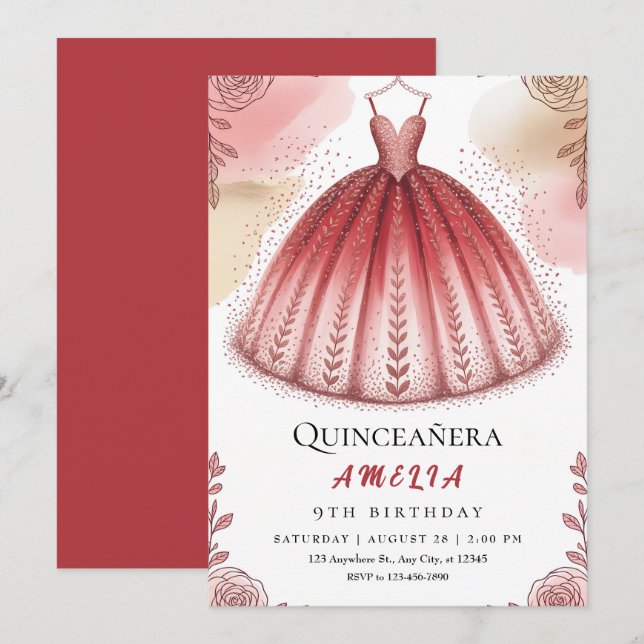 Chic Glitter and Floral Quinceañera Invitation (Front/Back)