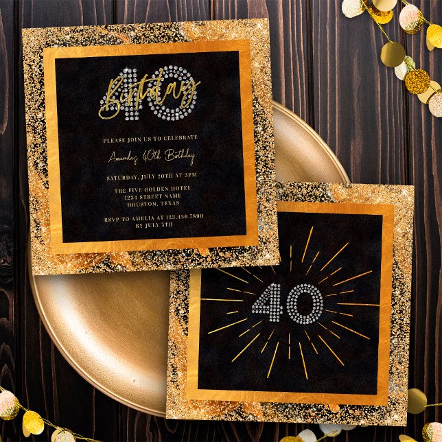 Chic Glitter Black and Gold 40th Birthday Party Invitation (Front / Back)