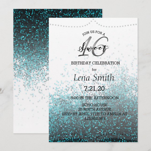 Chic Glitter Blue Confetti Sweet 16 Birthday Invitation (Front/Back)