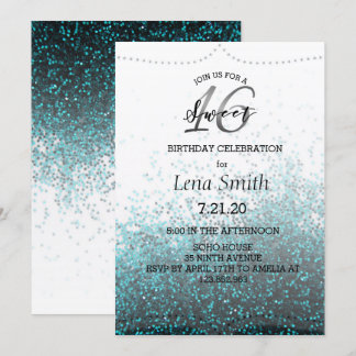 Chic Glitter Blue Confetti Sweet 16 Birthday Invitation
