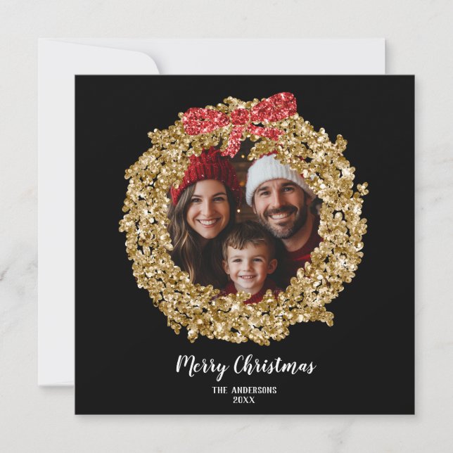 Chic Glitter Bow Merry Christmas Wreath Photo  Invitation (Front)