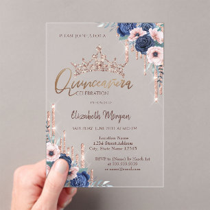 Chic Glitter Crown Drop,Blue Roses Quinceañera Acrylic Invitations