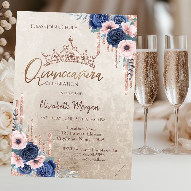 Chic Glitter Crown Drop,Blue Roses Quinceañera   Invitation (Creator Uploaded)