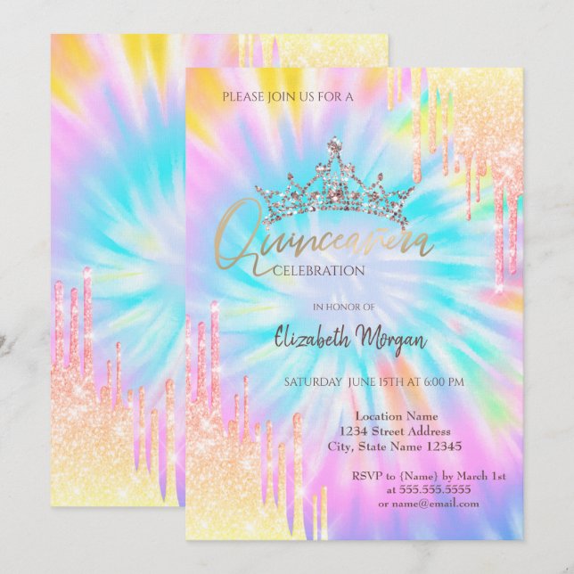 Chic Glitter Crown Drop Tie Dye Quinceañera  Invitation (Front/Back)