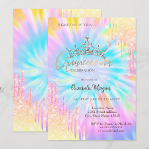 Chic Glitter Crown Drop Tie Dye Quinceañera  Invitation