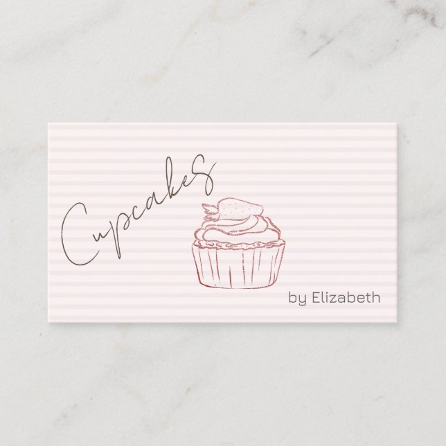 Chic Glitter Cupcake Strawberry Striped Business Card (Front)