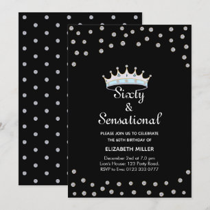 Chic Glitter Diamond Crown on Black 60th Birthday Invitation