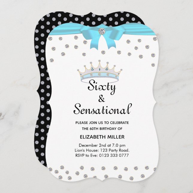 Chic Glitter Diamond Crown Sixty & Sensational Invitation (Front/Back)