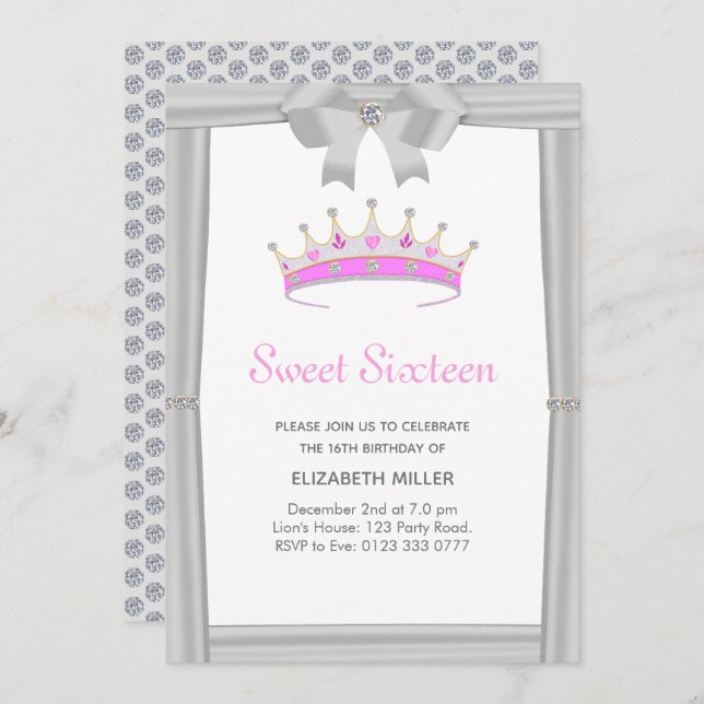 Chic Glitter Diamond Crown Sweet Sixteen Invitation (Front/Back)