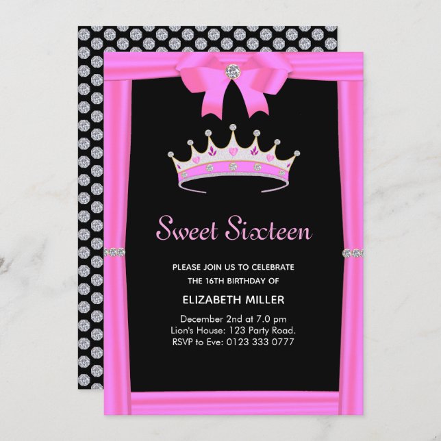 Chic Glitter Diamond Crown Sweet Sixteen Invitation (Front/Back)