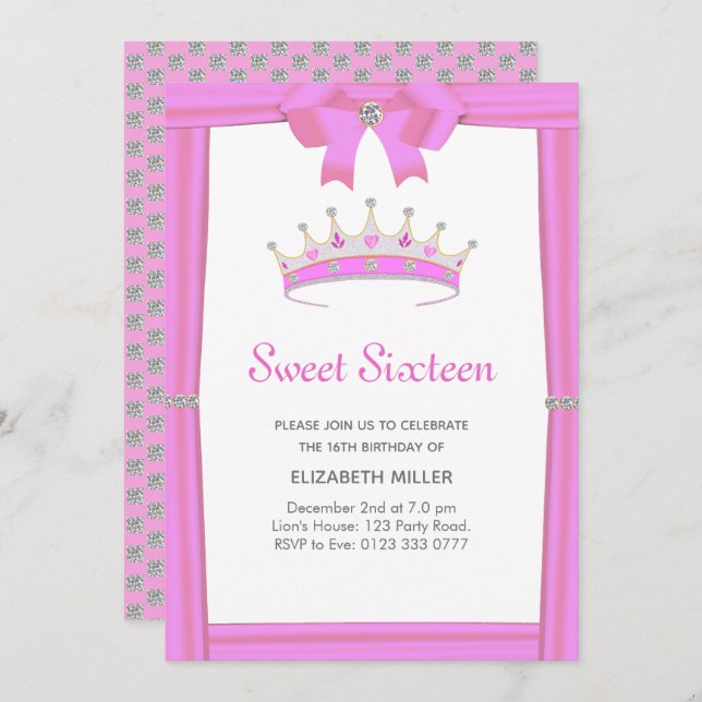 Chic Glitter Diamond Crown Sweet Sixteen Invitation (Front/Back)