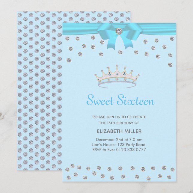 Chic Glitter Diamond Sweet Sixteen on Light Blue Invitation (Front/Back)