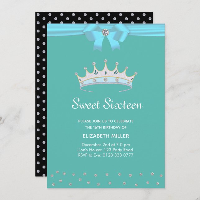 Chic Glitter Diamond Sweet Sixteen on Teal Invitation (Front/Back)