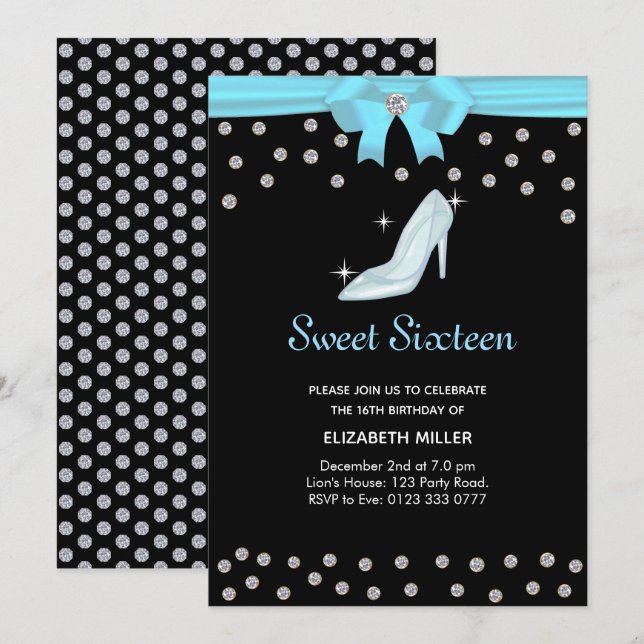 Chic Glitter Diamonds Sweet Sixteen on Black Invitation (Front/Back)