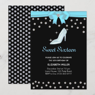 Chic Glitter Diamonds Sweet Sixteen on Black Invitation