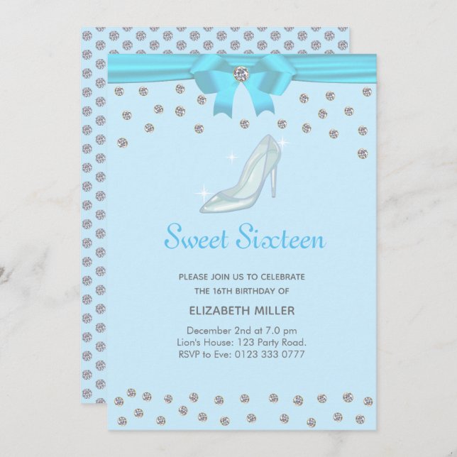 Chic Glitter Diamonds Sweet Sixteen on Light Blue Invitation (Front/Back)