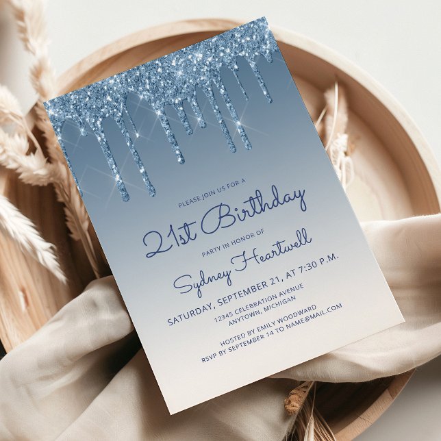 Chic Glitter Drip Blue 21st Birthday Invitation (Creator Uploaded)