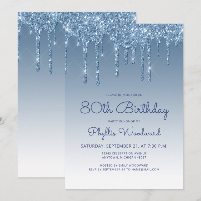 Chic Glitter Drip Blue 80th Birthday Invitation (Front/Back)