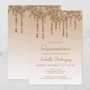 Chic Glitter Drip Gold Quinceañera Invitation