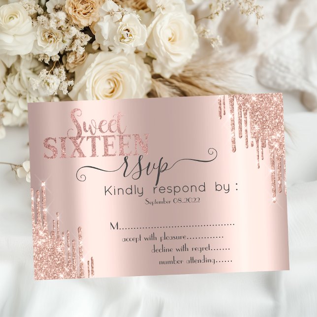  Chic Glitter Drip Rose Gold Sweet 16 RSVP   Invitation (Creator Uploaded)