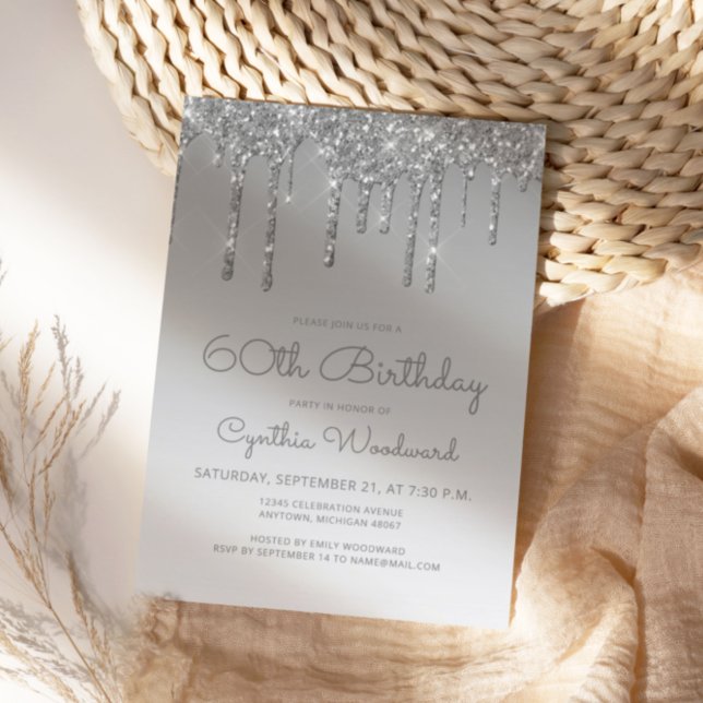 Chic Glitter Drip Silver 60th Birthday Invitation (Creator Uploaded)