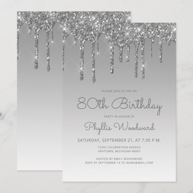 Chic Glitter Drip Silver 80th Birthday Invitation (Front/Back)