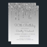 Chic Glitter Drip Silver 90th Birthday Invitation<br><div class="desc">This trendy 90th birthday invitation features a sparkly silver faux glitter drip border and blue ombre background. The words "90th Birthday" and the name of the guest of honour appear in casual silver grey handwriting script, with the rest of the customisable text in sans serif font. The same silver glitter...</div>