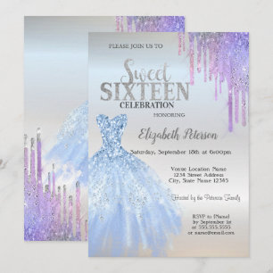 Chic Glitter Drips,Blue Dress Silver Sweet 16 Invitation