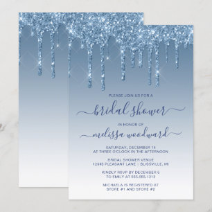 Chic Glitter Drips Blue Ombre Bridal Shower Invitation