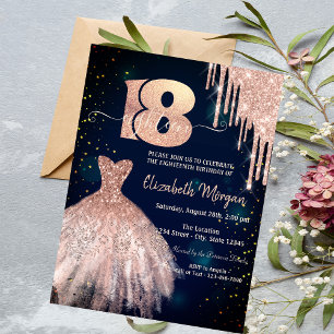 Chic Glitter Drips Dress Navy Blue 18th Birthday Invitation