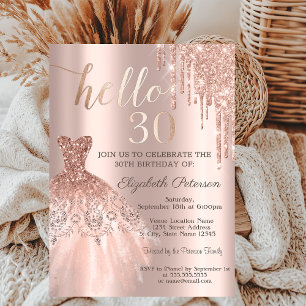 Chic Glitter Drips Dress Rose Gold 30th Birthday  Invitation