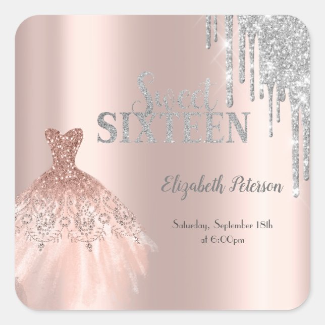 Chic Glitter Drips, Dress Rose Gold Sweet 16   Square Sticker (Front)