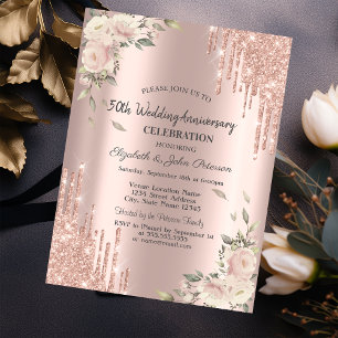 Chic Glitter Drips,Flowers Wedding Anniversary Invitation
