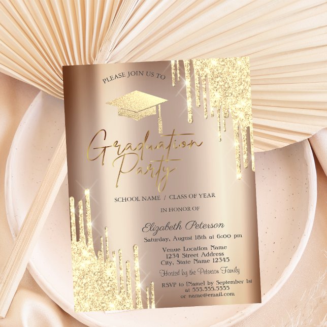 Chic Glitter Drips,Grad Cap Graduation  Invitation (Creator Uploaded)
