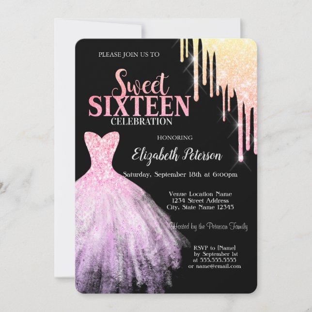 Chic Glitter Drips,Pink Dress Black Sweet 16  Invitation (Front)