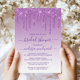 Chic Glitter Drips Purple Ombre Bridal Shower Invitation