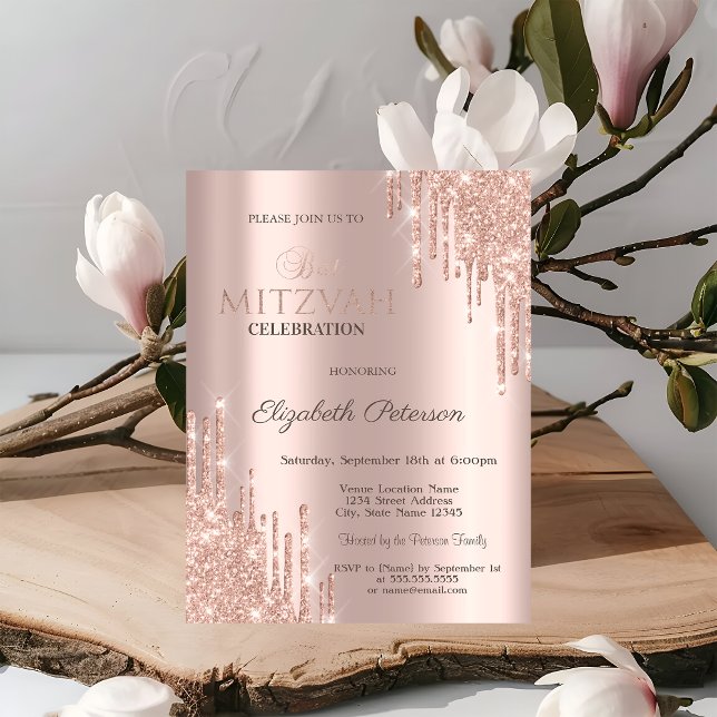 Chic Glitter Drips Rose Gold Bat Mitzvah  Invitation (Creator Uploaded)