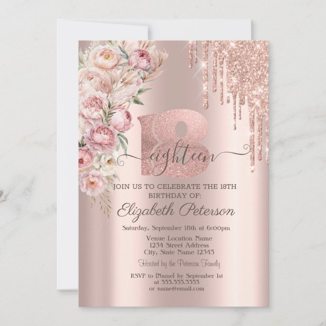 Chic Glitter Drips,Roses Rose Gold 18th Birthday Invitation (Front)