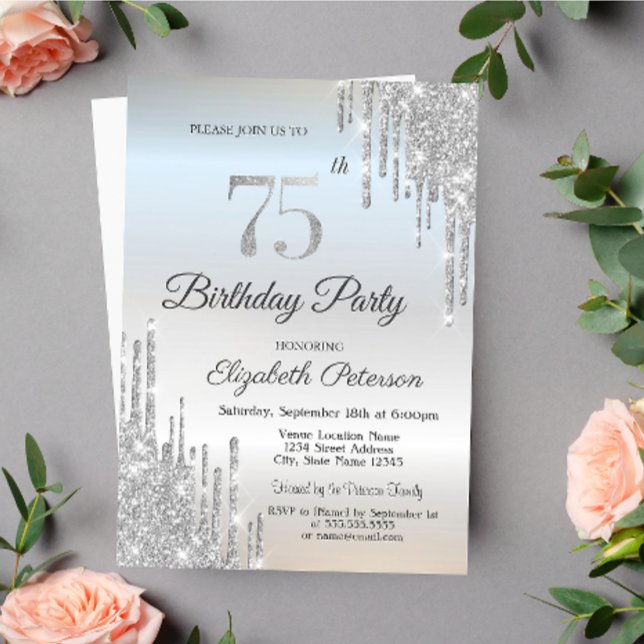 Chic Glitter Drips Silver 75th Birthday   Invitation (Creator Uploaded)