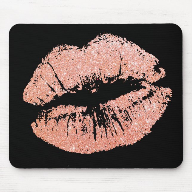 Chic Glitter Effect Rose-Gold Lips Black Mousepad (Front)