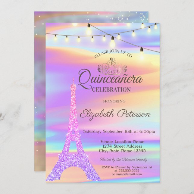 Chic Glitter Eiffel Tower Holographic Quinceañera  Invitation (Front/Back)