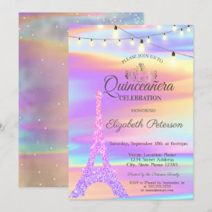 Chic Glitter Eiffel Tower Holographic Quinceañera Invitation
