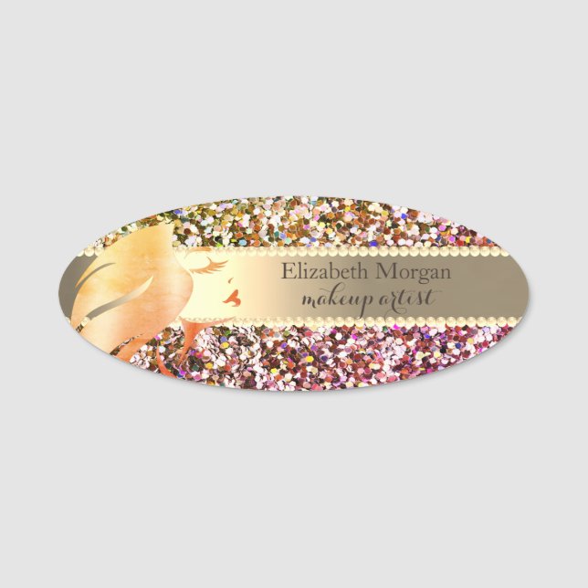 Chic Glitter  Girl Face Silhouette Name Tag (Front)