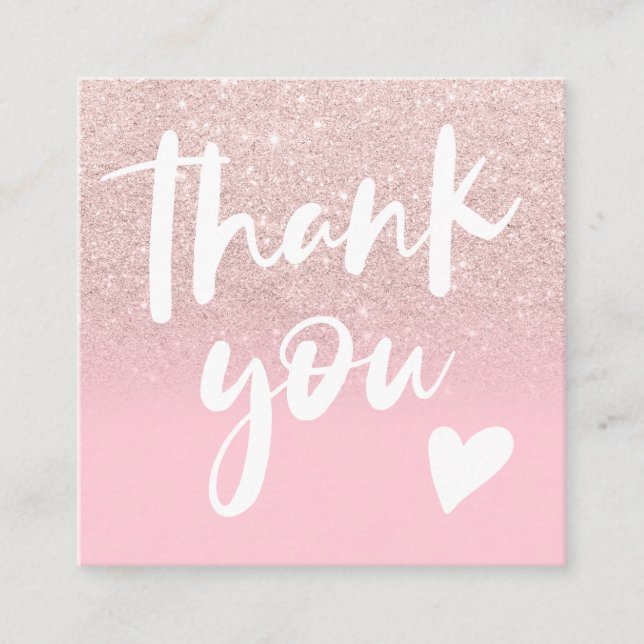Chic glitter girly pink elegant modern thank you square business card (Front)
